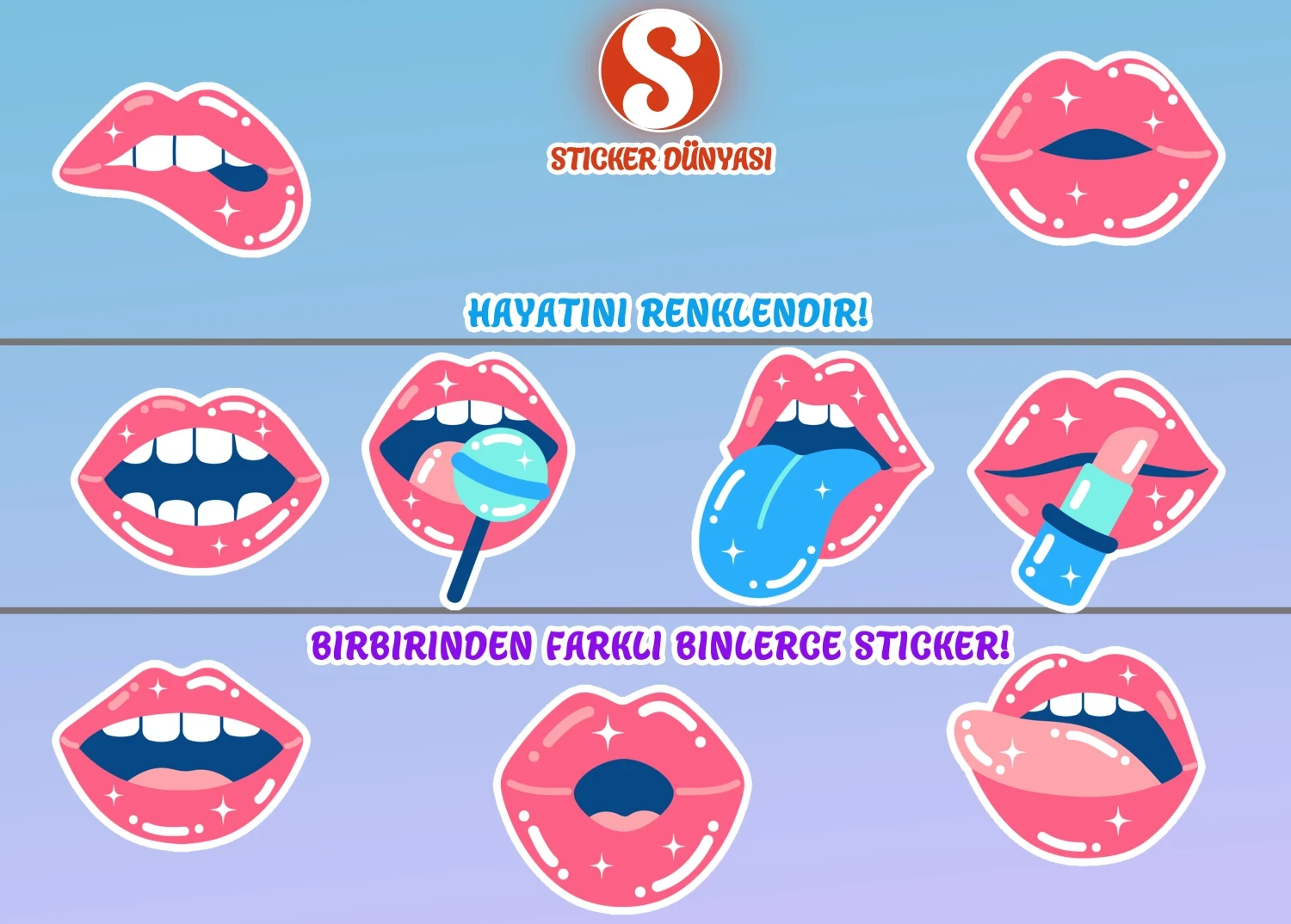 Parlak Pembe Dudak Tasarımı Sticker Koleksiyonu (Pembe-Dudak1) görsel 4
